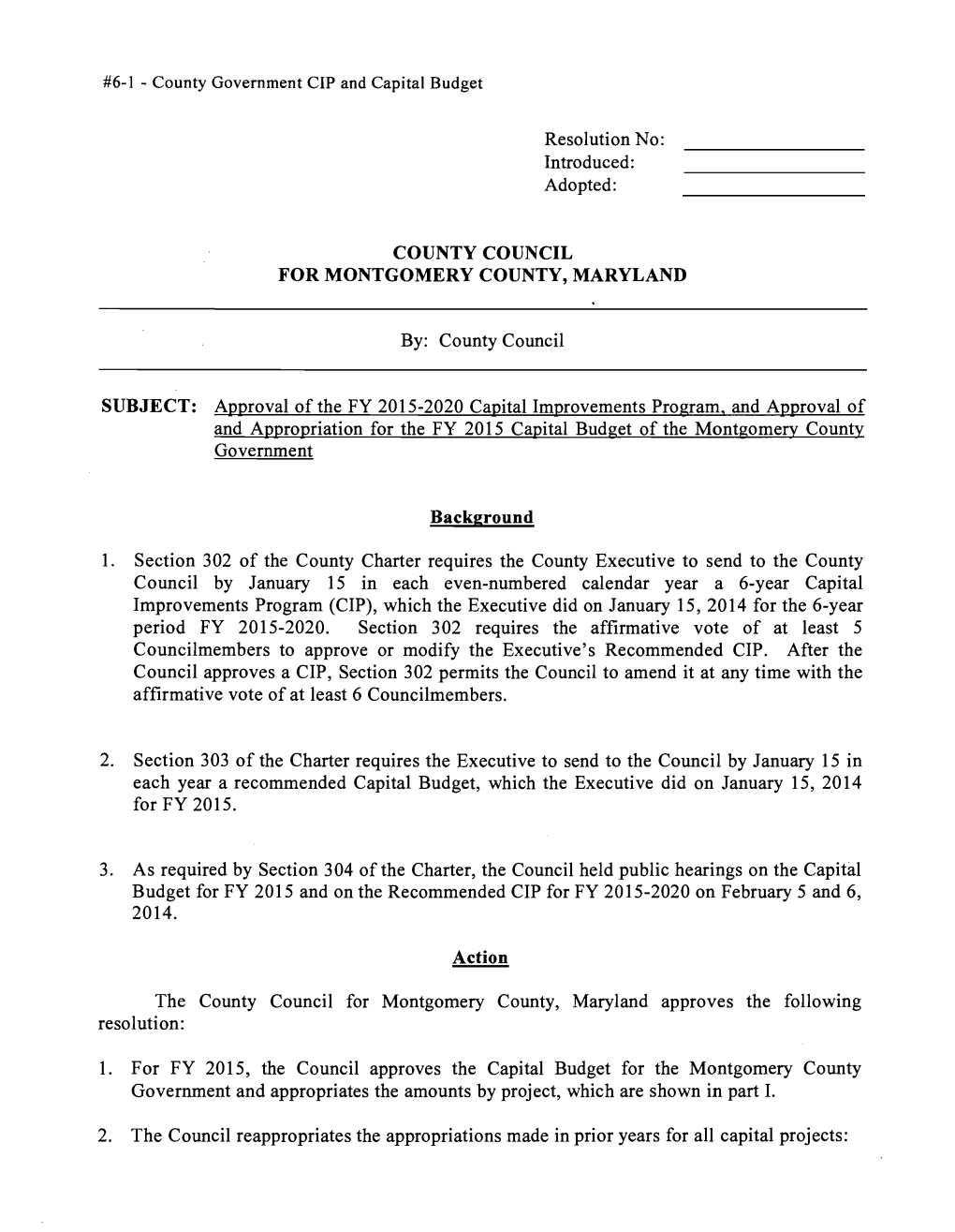 County Council SUBJECT: Approval Of
