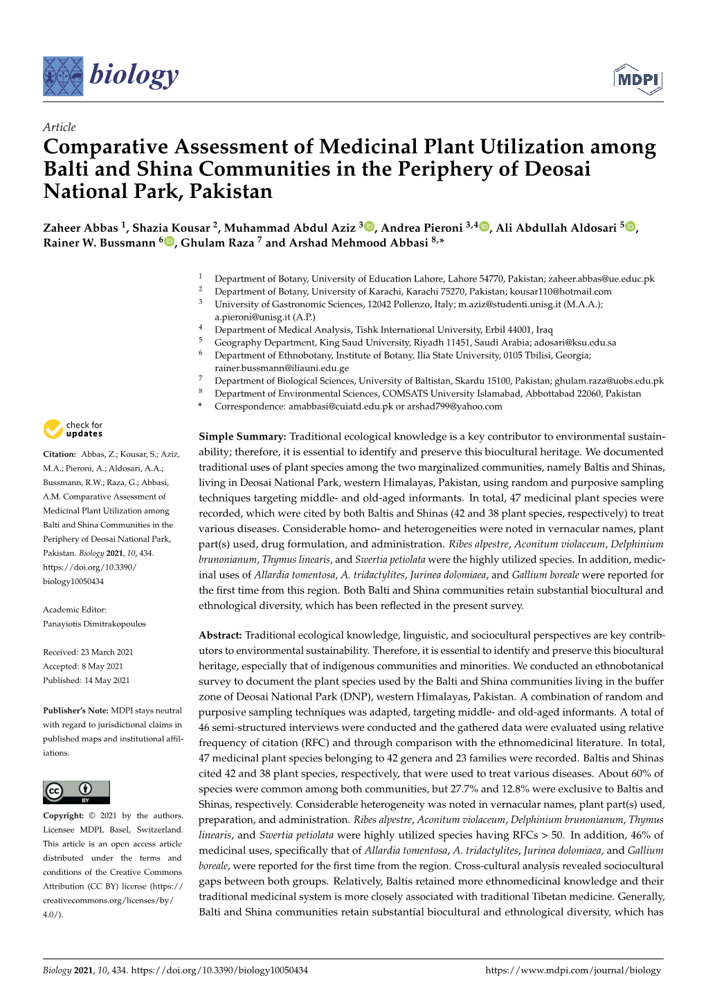 Comparative Assessment of Medicinal Plant Utilization Among Balti and Shina Communities in the Periphery of Deosai National Park, Pakistan