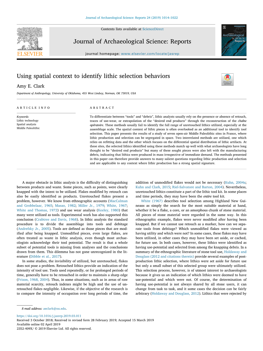 Using Spatial Context to Identify Lithic Selection Behaviors T Amy E