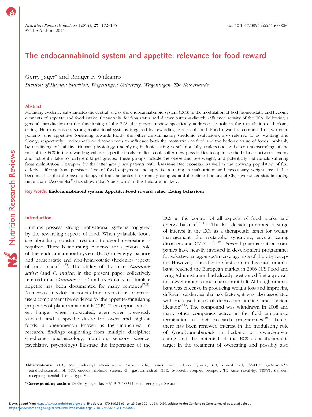 The Endocannabinoid System and Appetite: Relevance for Food Reward