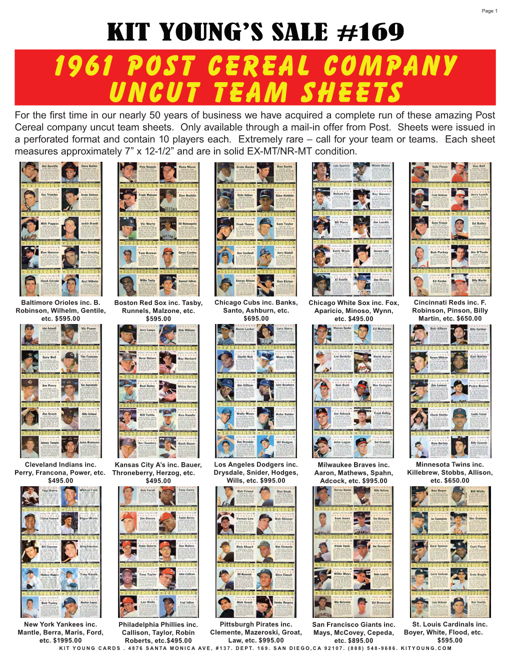 1961 Post Cereal Company Uncut Team Sheets