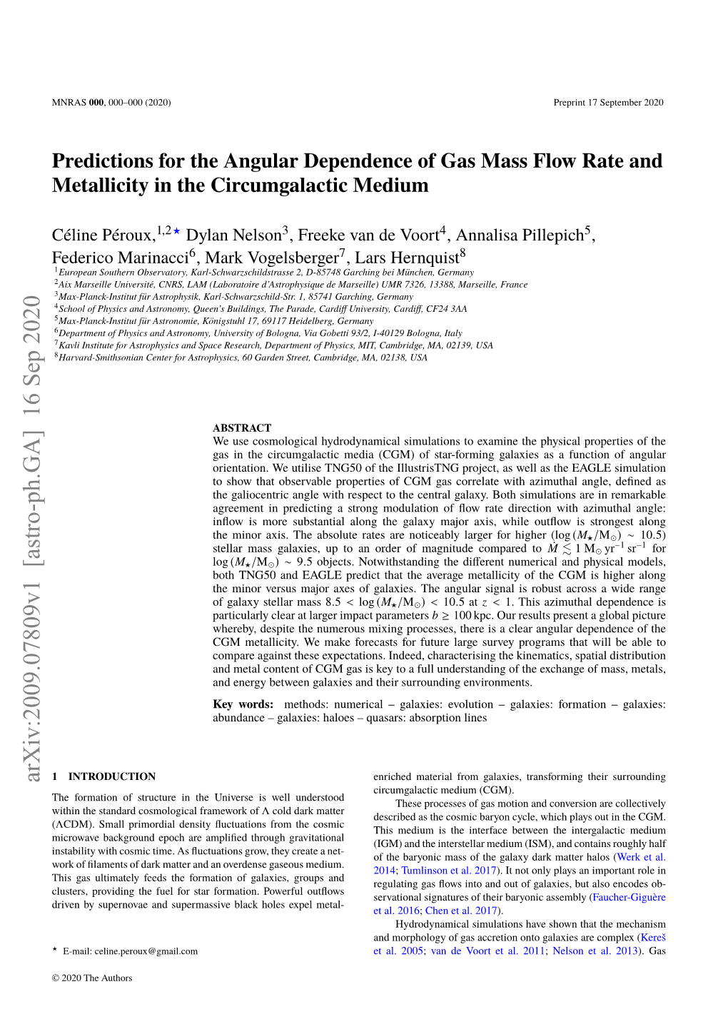 Arxiv:2009.07809V1 [Astro-Ph.GA] 16 Sep 2020 Enriched Material from Galaxies, Transforming Their Surrounding Circumgalactic Medium (CGM)