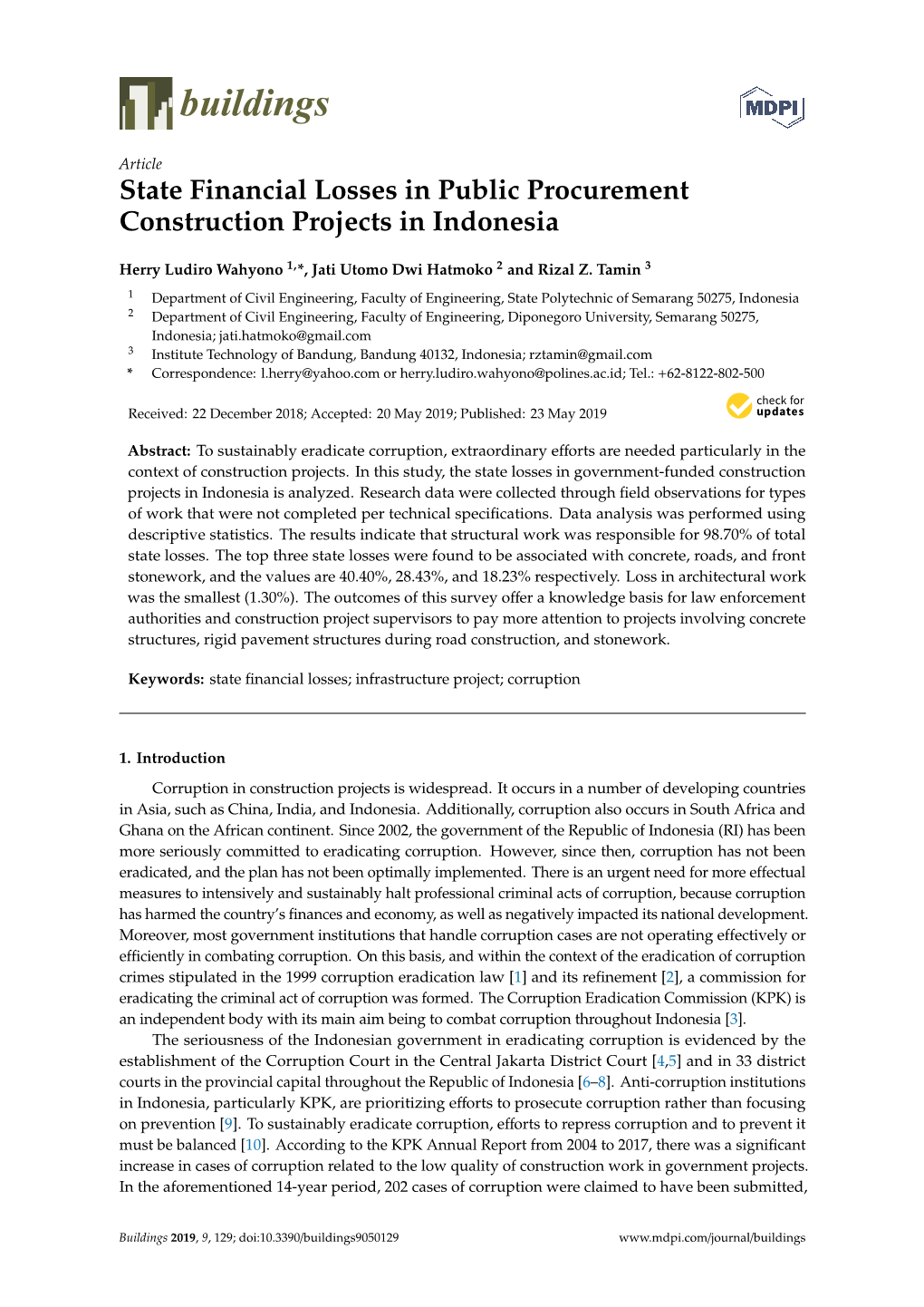 State Financial Losses in Public Procurement Construction Projects in Indonesia