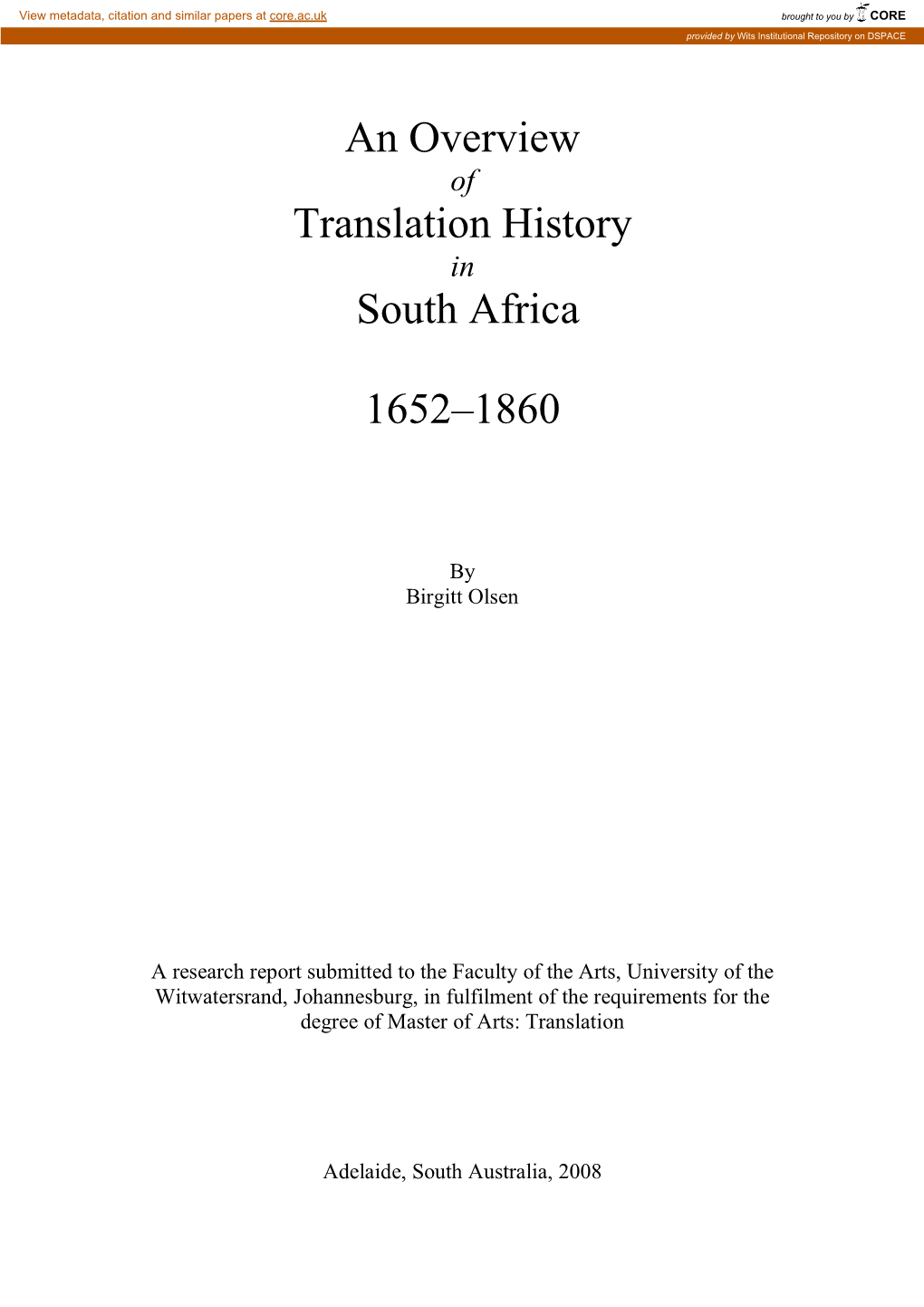 An Overview Translation History South Africa 1652–1860