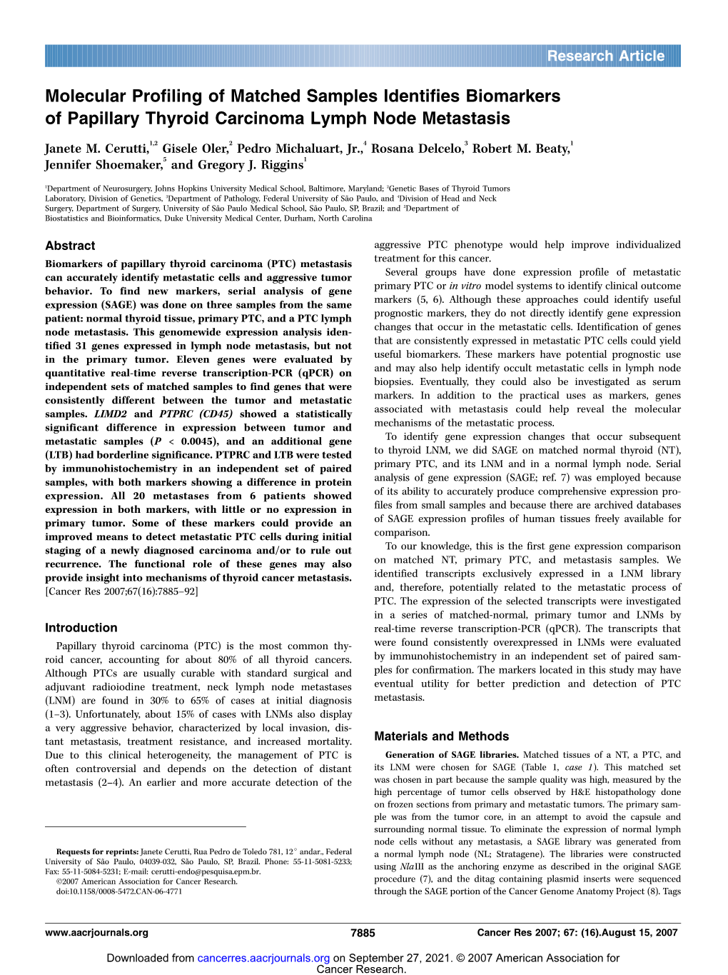 Molecular Profiling of Matched Samples Identifies Biomarkers of Papillary Thyroid Carcinoma Lymph Node Metastasis