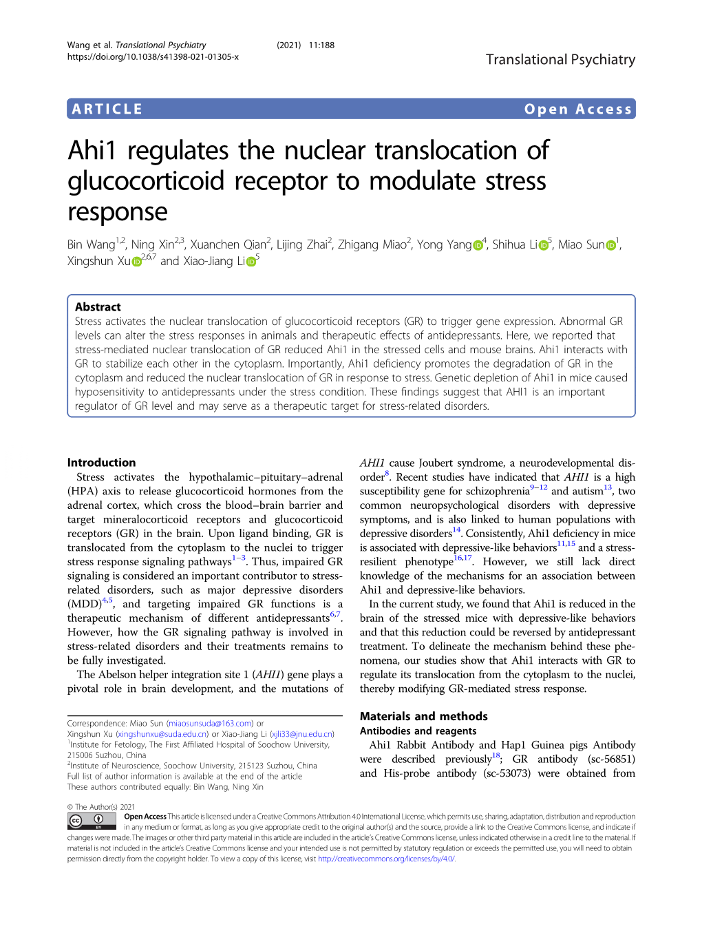 Ahi1 Regulates the Nuclear Translocation of Glucocorticoid