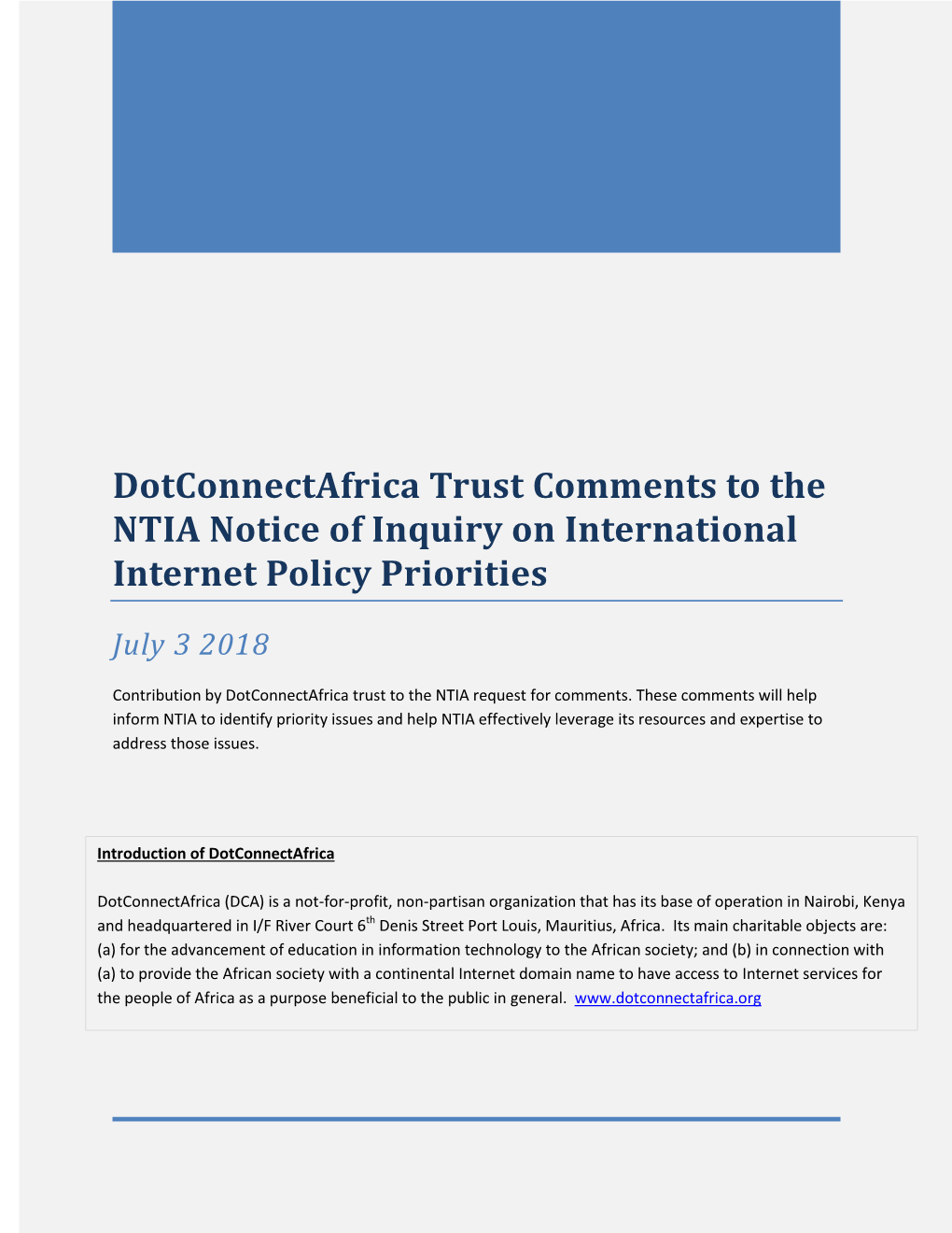 Dotconnectafrica Trust Comments to the NTIA Notice of Inquiry on International Internet Policy Priorities