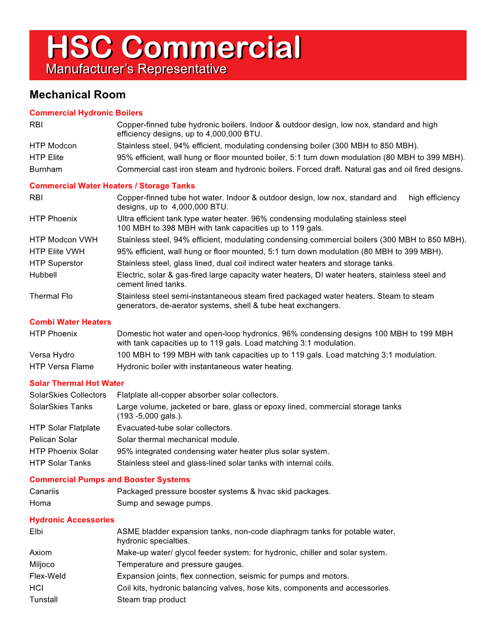 HSC Commercialcommercial Manufacturer’S Representative Manufacturer’S Representative Mechanical Room