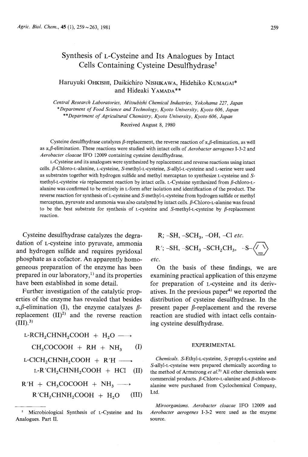 Synthesis of L-Cysteine and Its Analogues by Intact Cells Containing Cysteine Desulfhydrase1