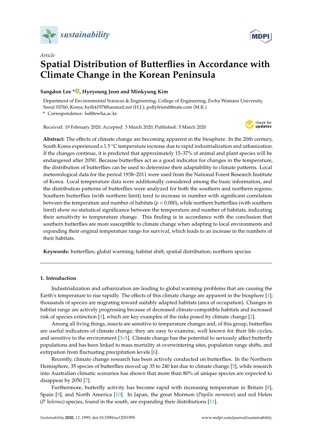 Spatial Distribution of Butterflies in Accordance with Climate Change In