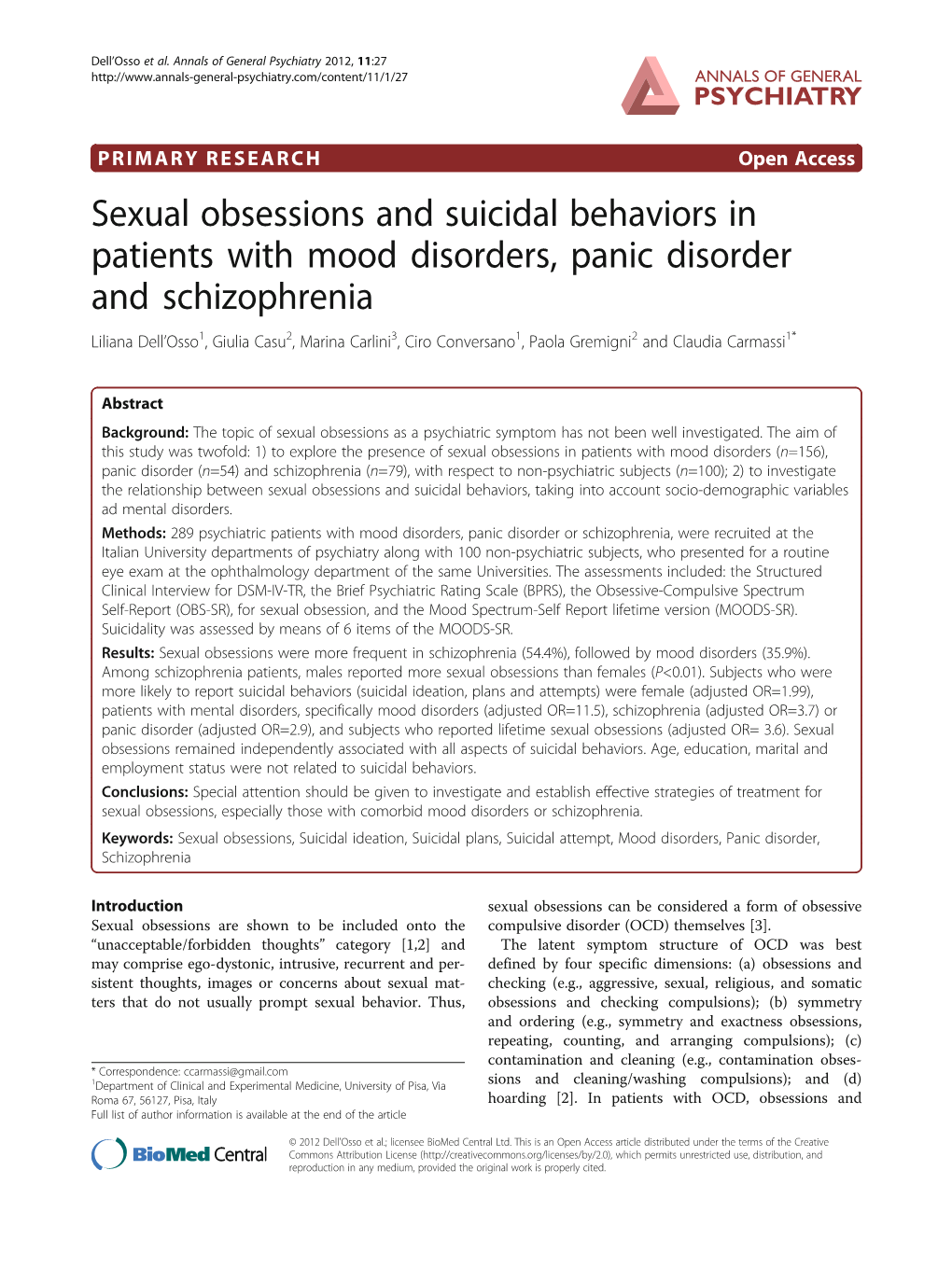 Sexual Obsessions and Suicidal Behaviors in Patients with Mood Disorders, Panic Disorder and Schizophrenia