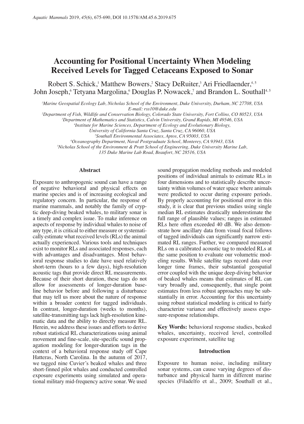 Accounting for Positional Uncertainty When Modeling Received Levels for Tagged Cetaceans Exposed to Sonar Robert S