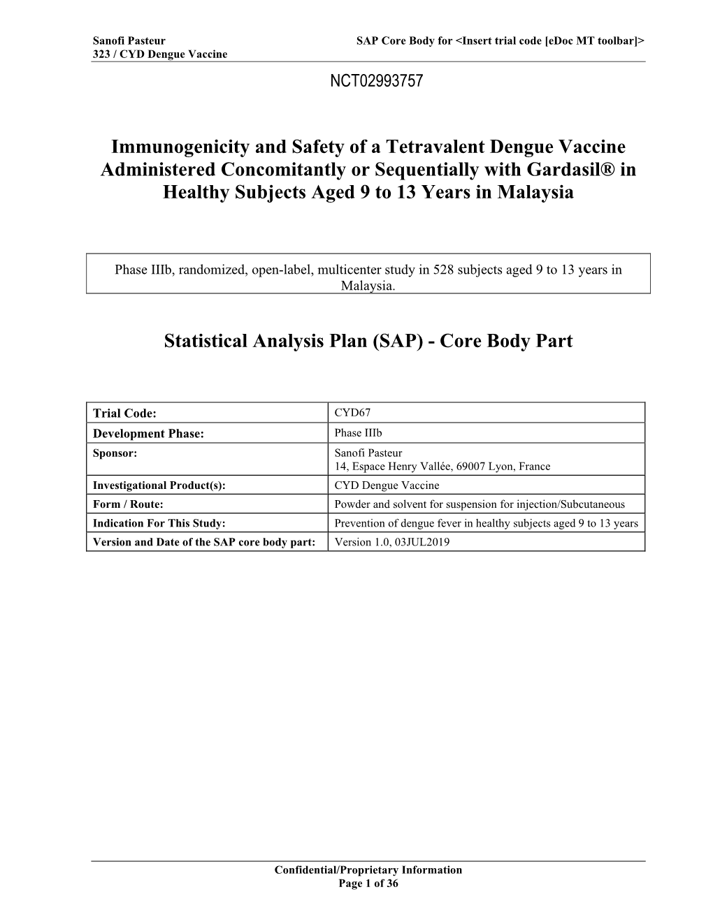 Statistical Analysis Plan (SAP) - Core Body Part