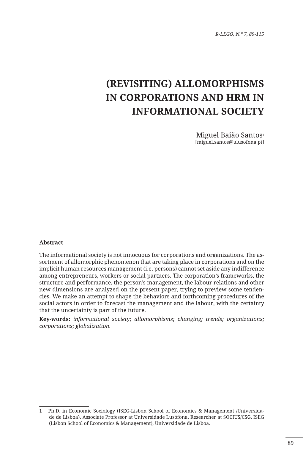 (Revisiting) Allomorphisms in Corporations and Hrm in Informational Society