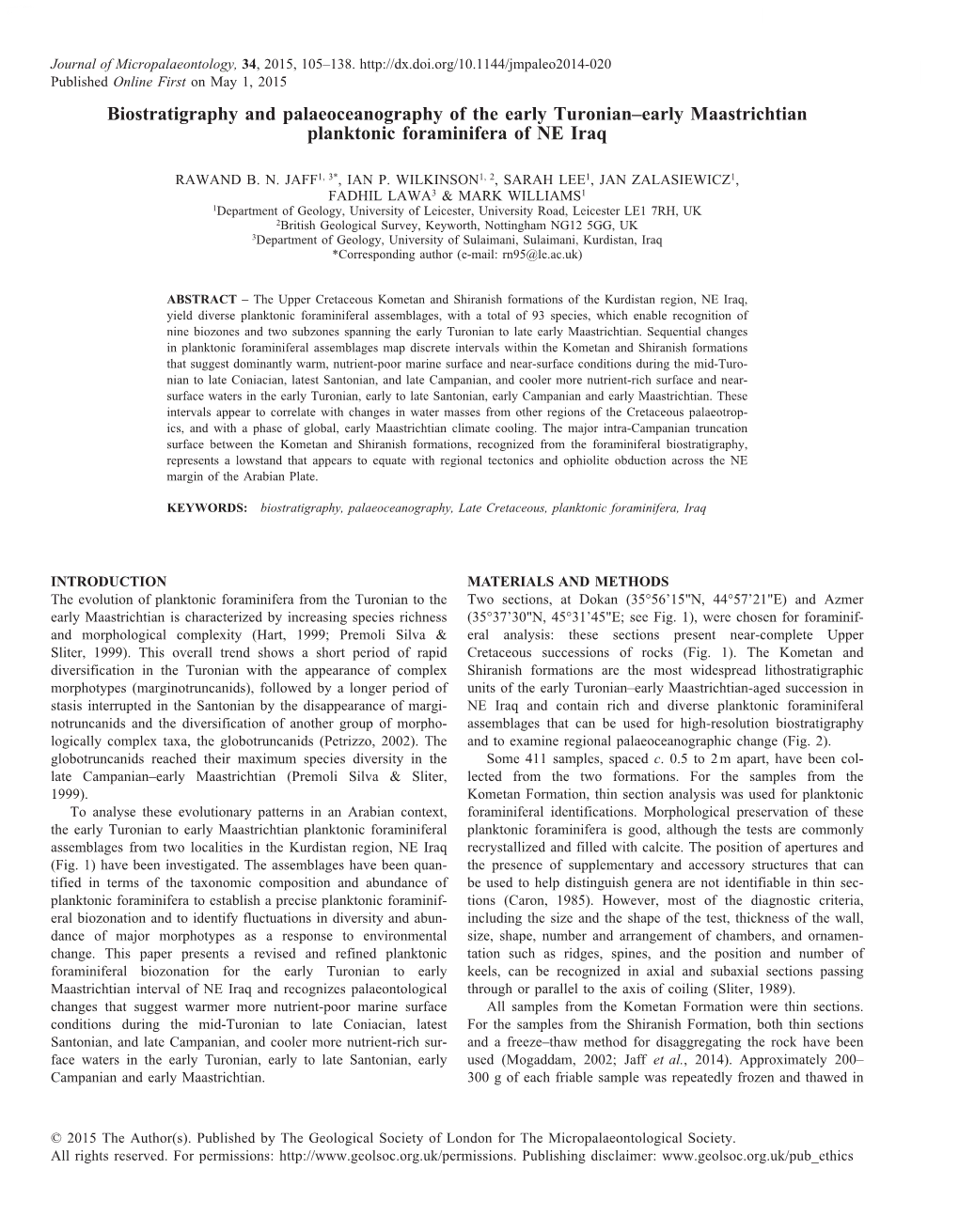 Biostratigraphy and Palaeoceanography of the Early Turonian–Early Maastrichtian Planktonic Foraminifera of NE Iraq