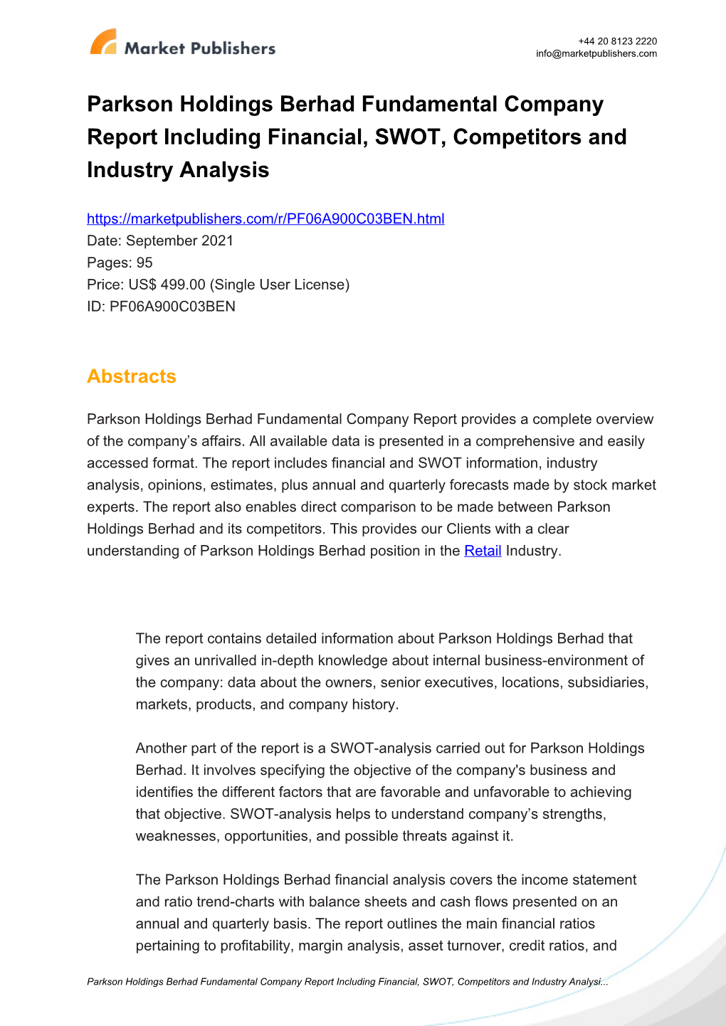 Parkson Holdings Berhad Fundamental Company Report