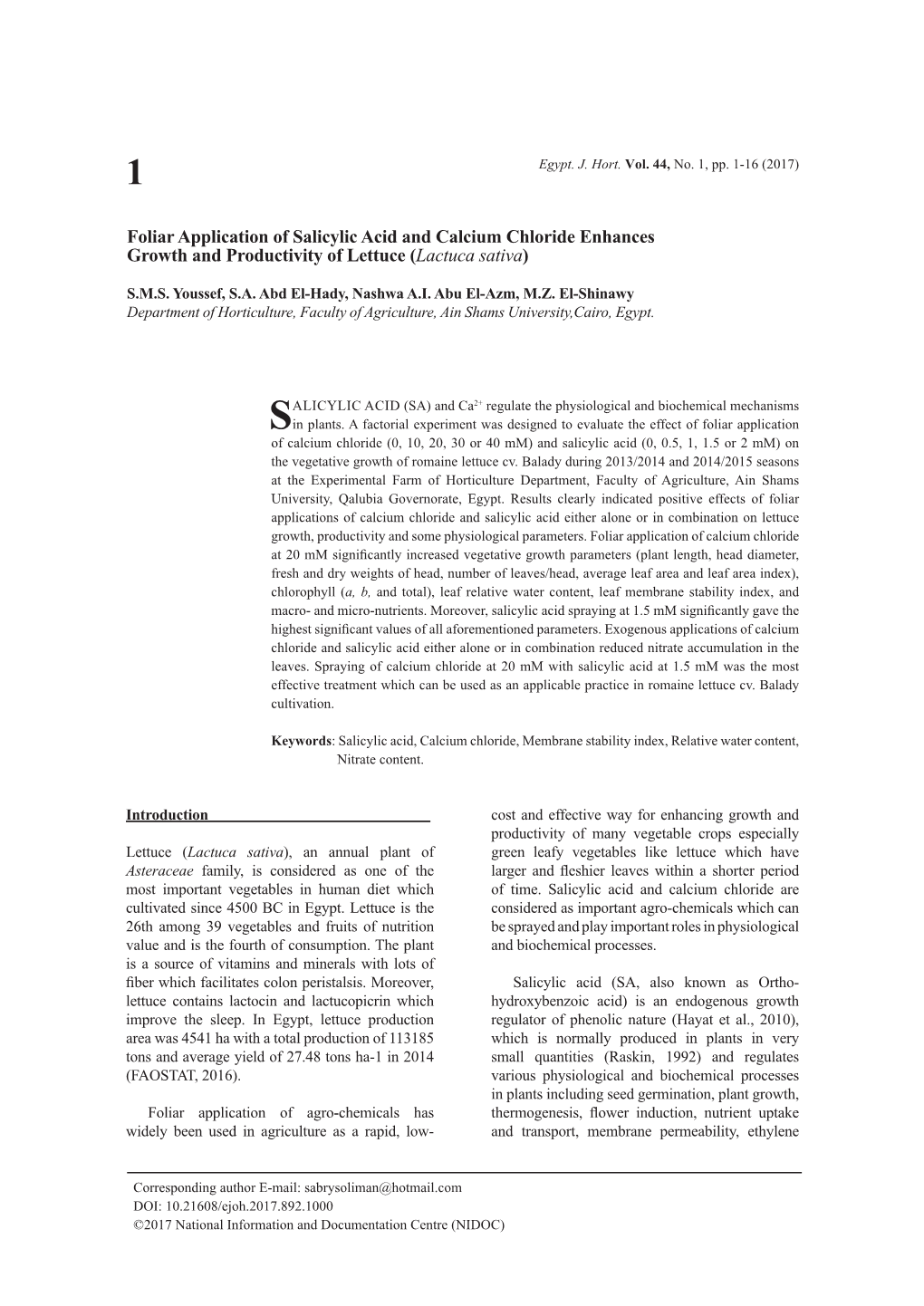 Foliar Application of Salicylic Acid and Calcium Chloride Enhances Growth and Productivity of Lettuce (Lactuca Sativa)