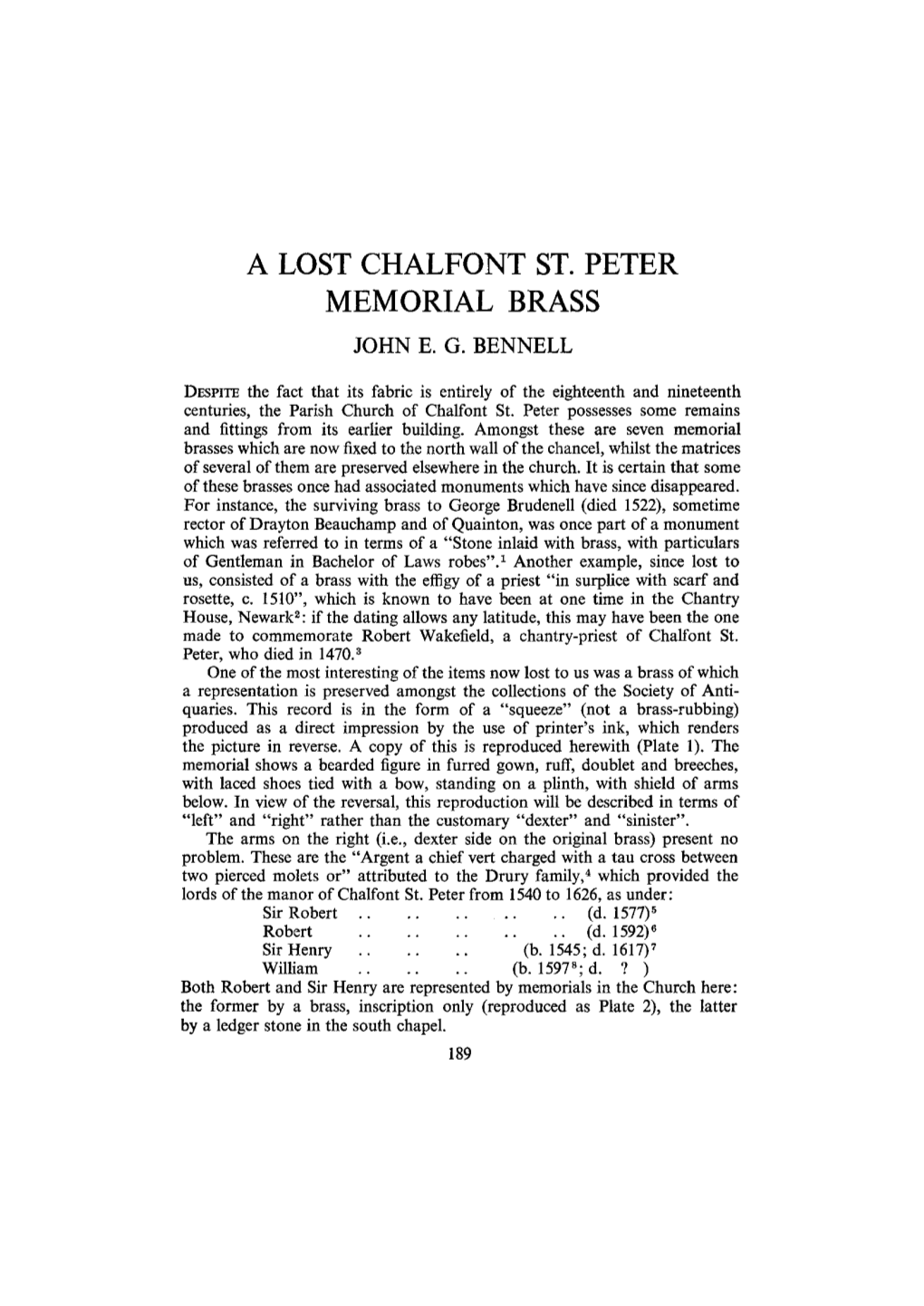 A Lost Chalfont St. Peter Memorial Brass. John E. G. Bennell