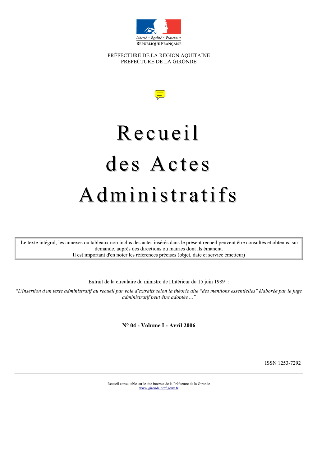 Recueil Des Actes Administratifs N° 04 - Volume I - Avril 2006 – Page 2