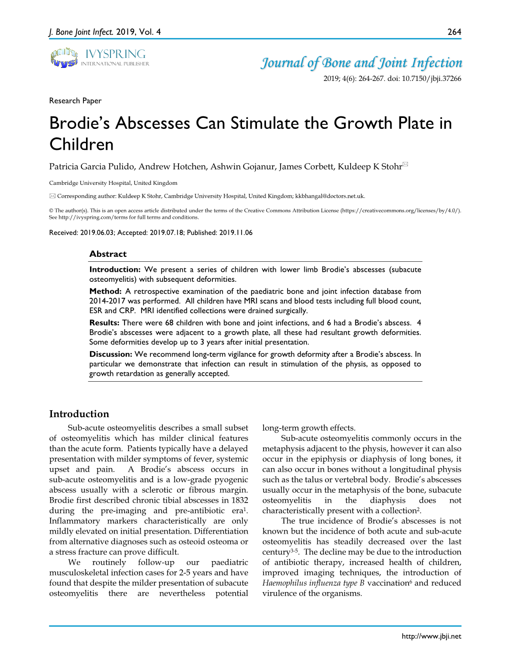 Brodie's Abscesses Can Stimulate the Growth Plate in Children