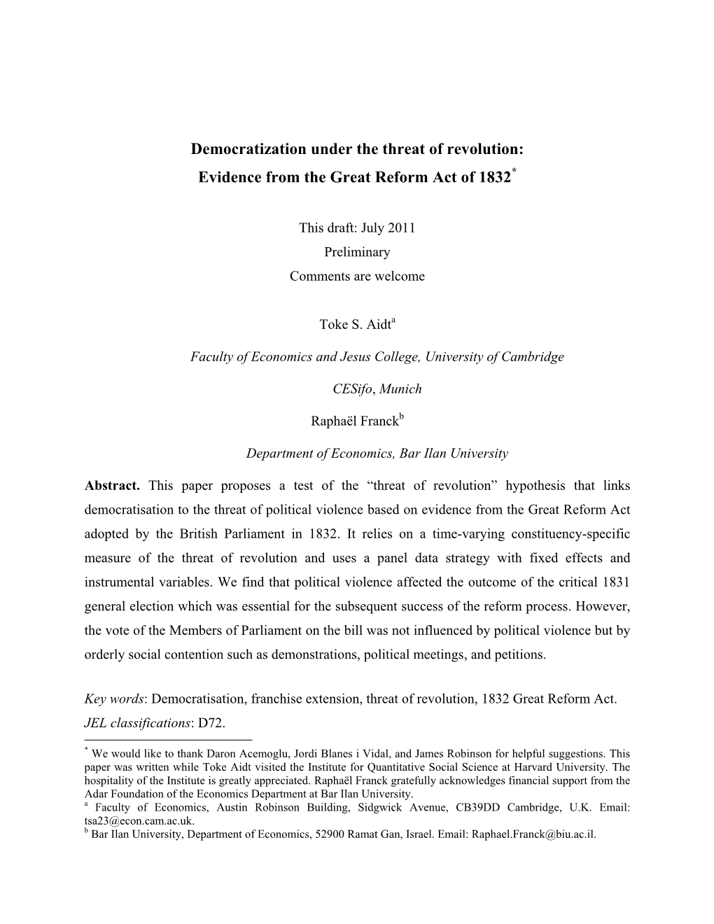 Democratization Under the Threat of Revolution: Evidence from the Great Reform Act of 1832*