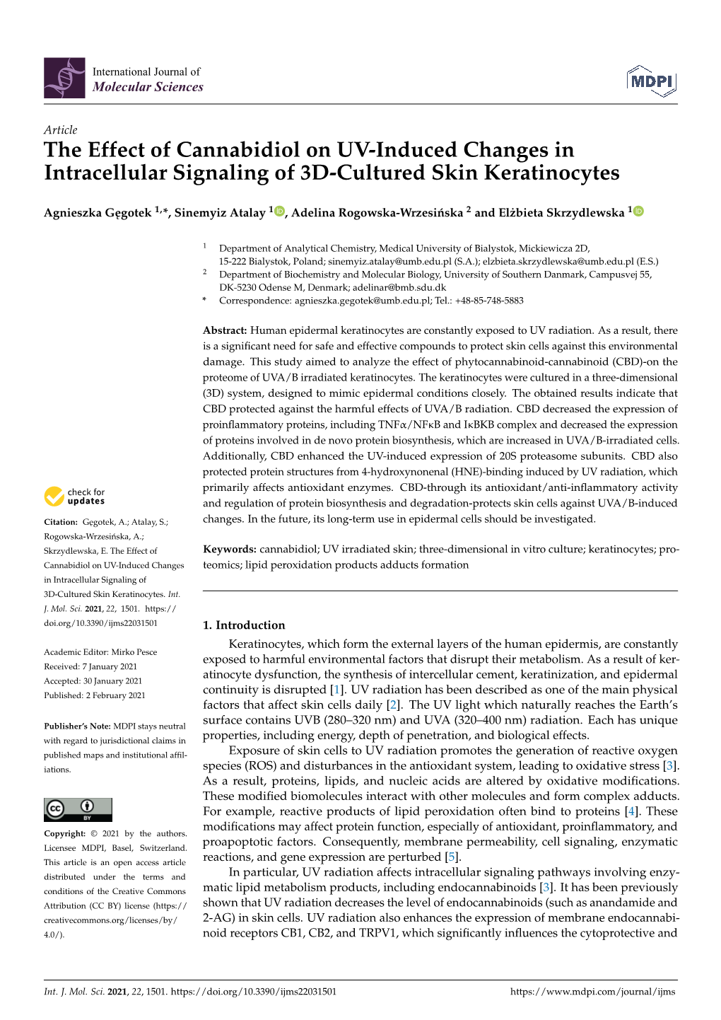 The Effect of Cannabidiol on UV-Induced Changes in Intracellular Signaling of 3D-Cultured Skin Keratinocytes