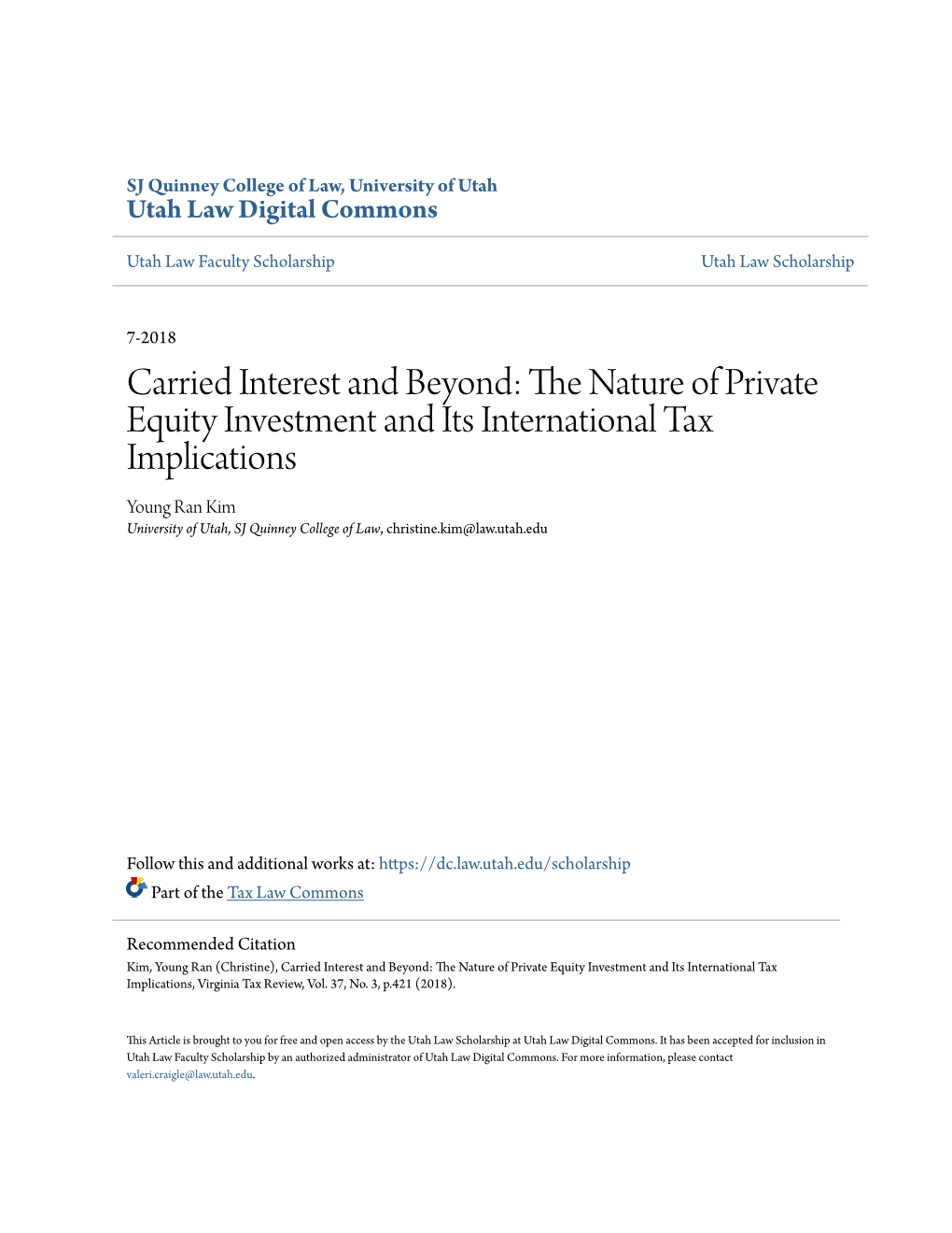 Carried Interest and Beyond: the Nature of Private Equity Investment and Its International Tax Implications