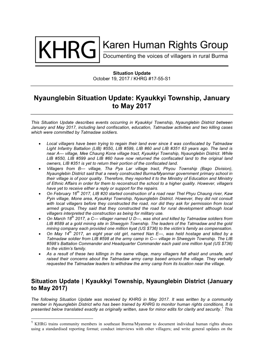 Nyaunglebin Situation Update: Kyaukkyi Township, January to May 2017