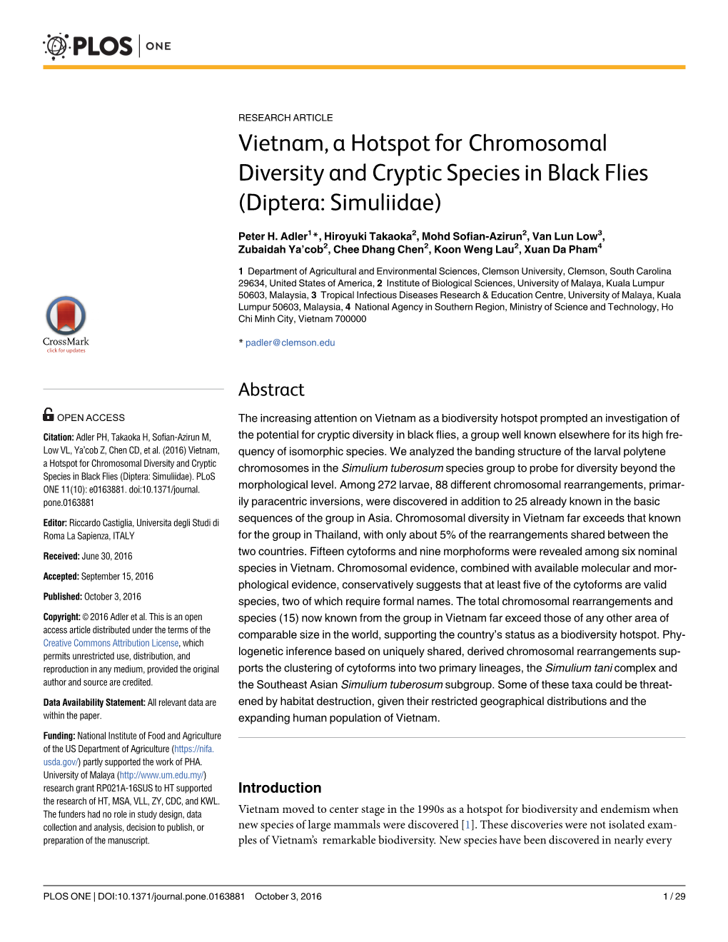Vietnam, a Hotspot for Chromosomal Diversity and Cryptic Species in Black Flies (Diptera: Simuliidae)