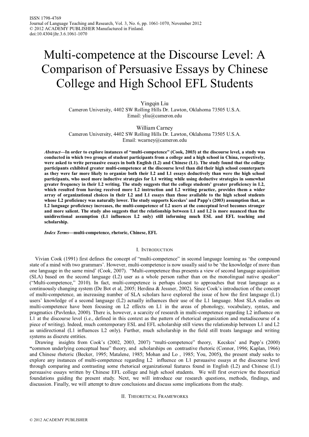 Multi-Competence at the Discourse Level: a Comparison of Persuasive Essays by Chinese College and High School EFL Students