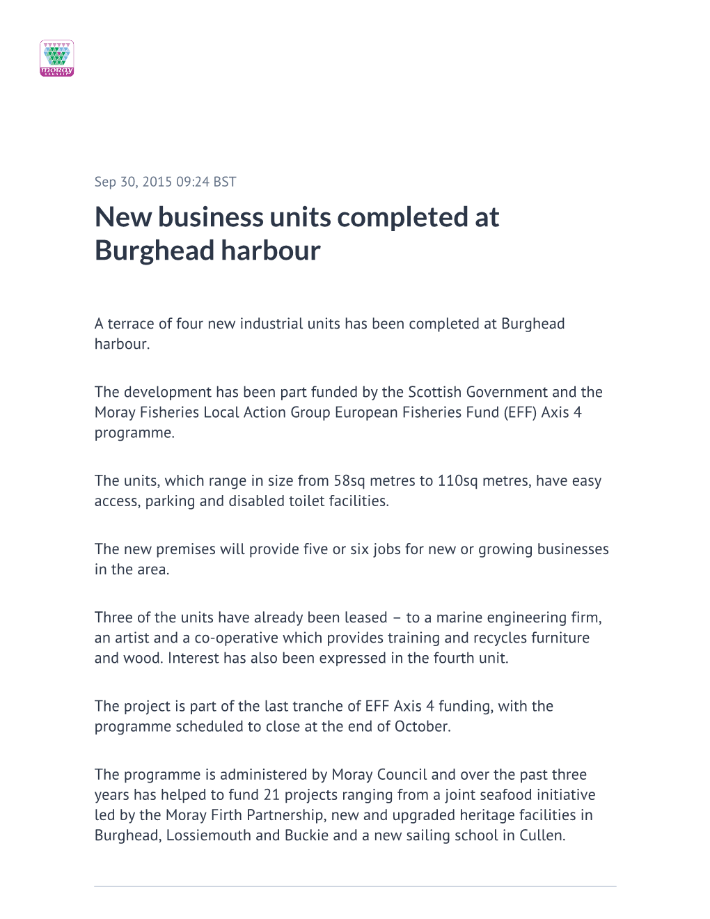 New Business Units Completed at Burghead Harbour