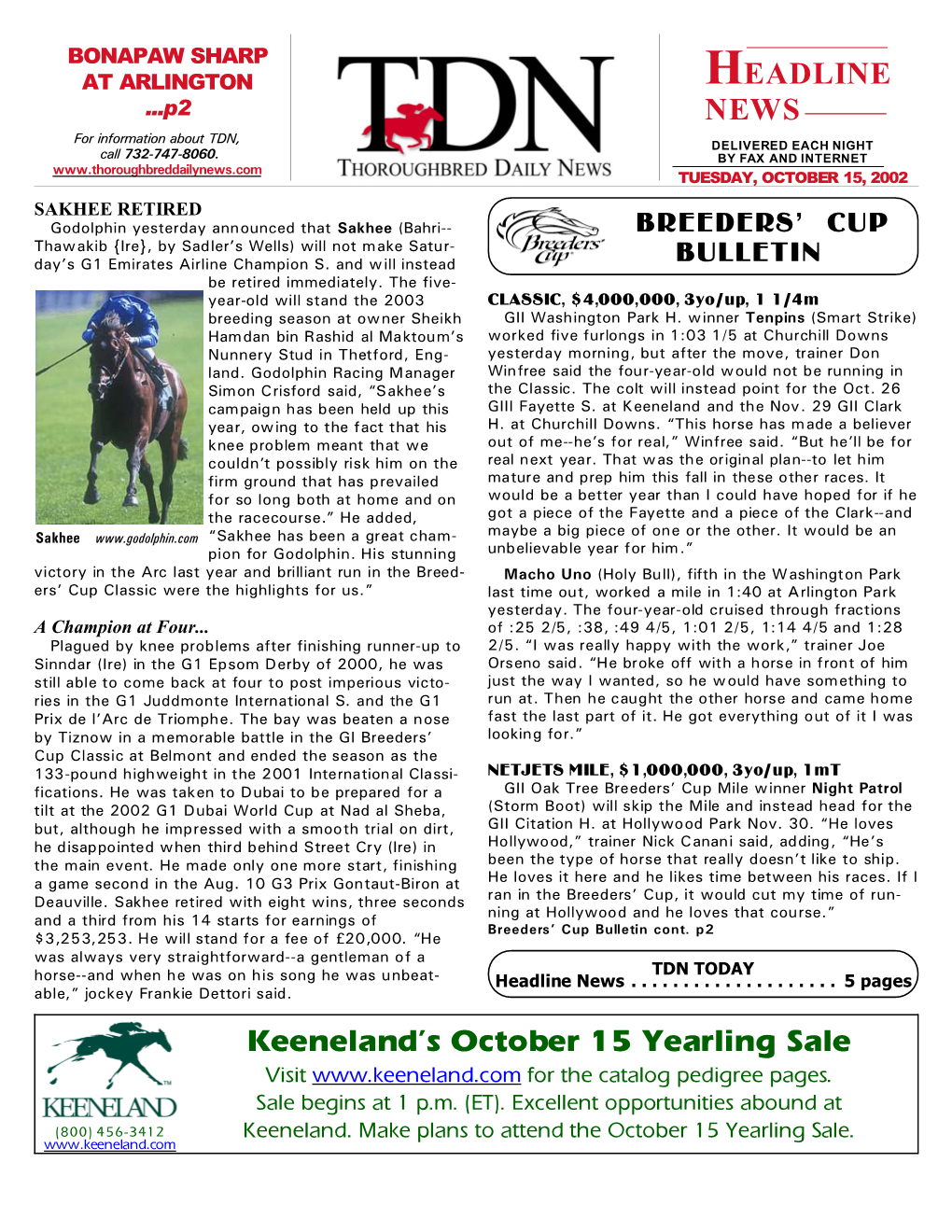 HEADLINE NEWS Keeneland's October 15 Yearling Sale