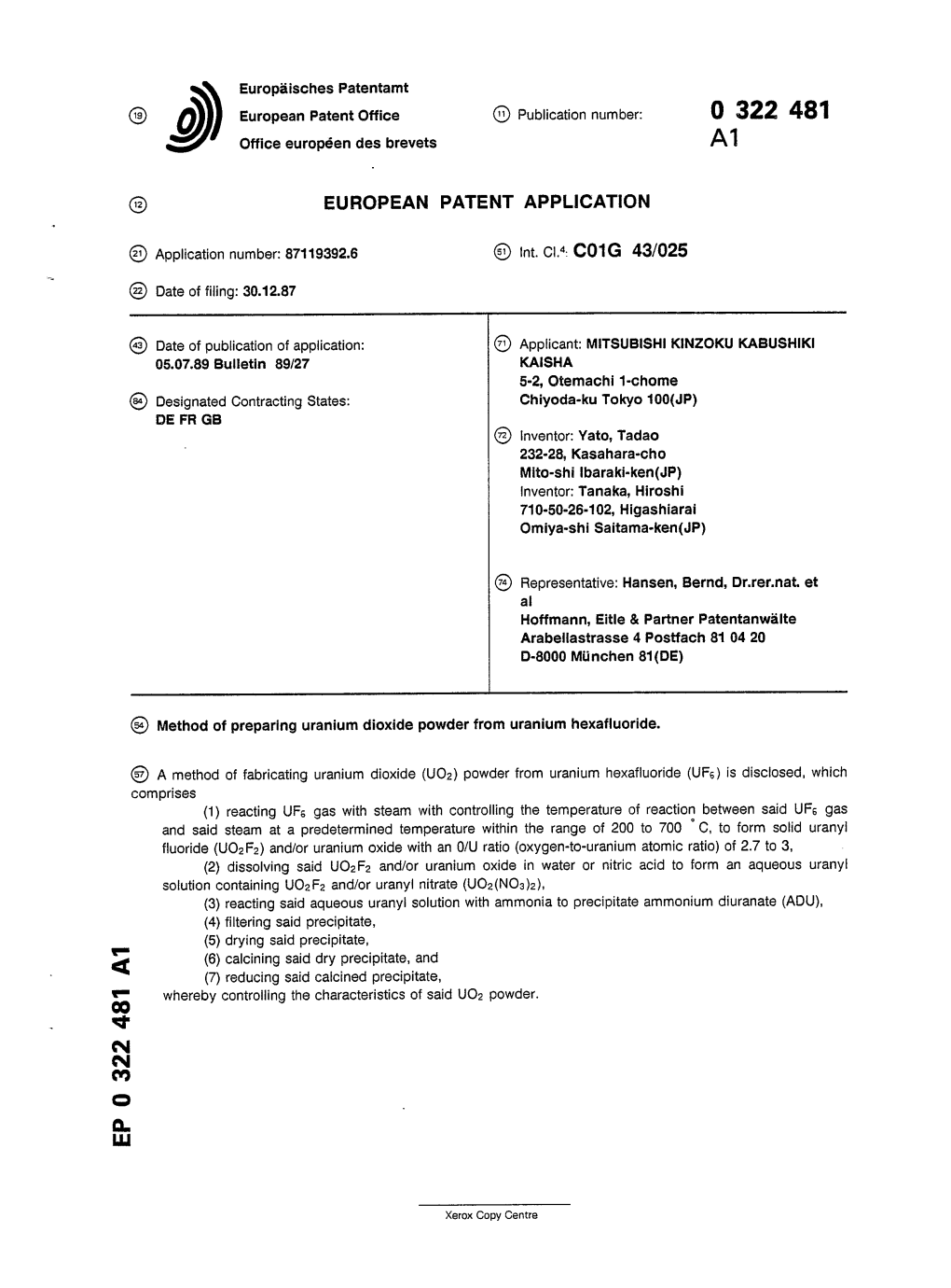 Method of Preparing Uranium Dioxide Powder from Uranium Hexafluoride