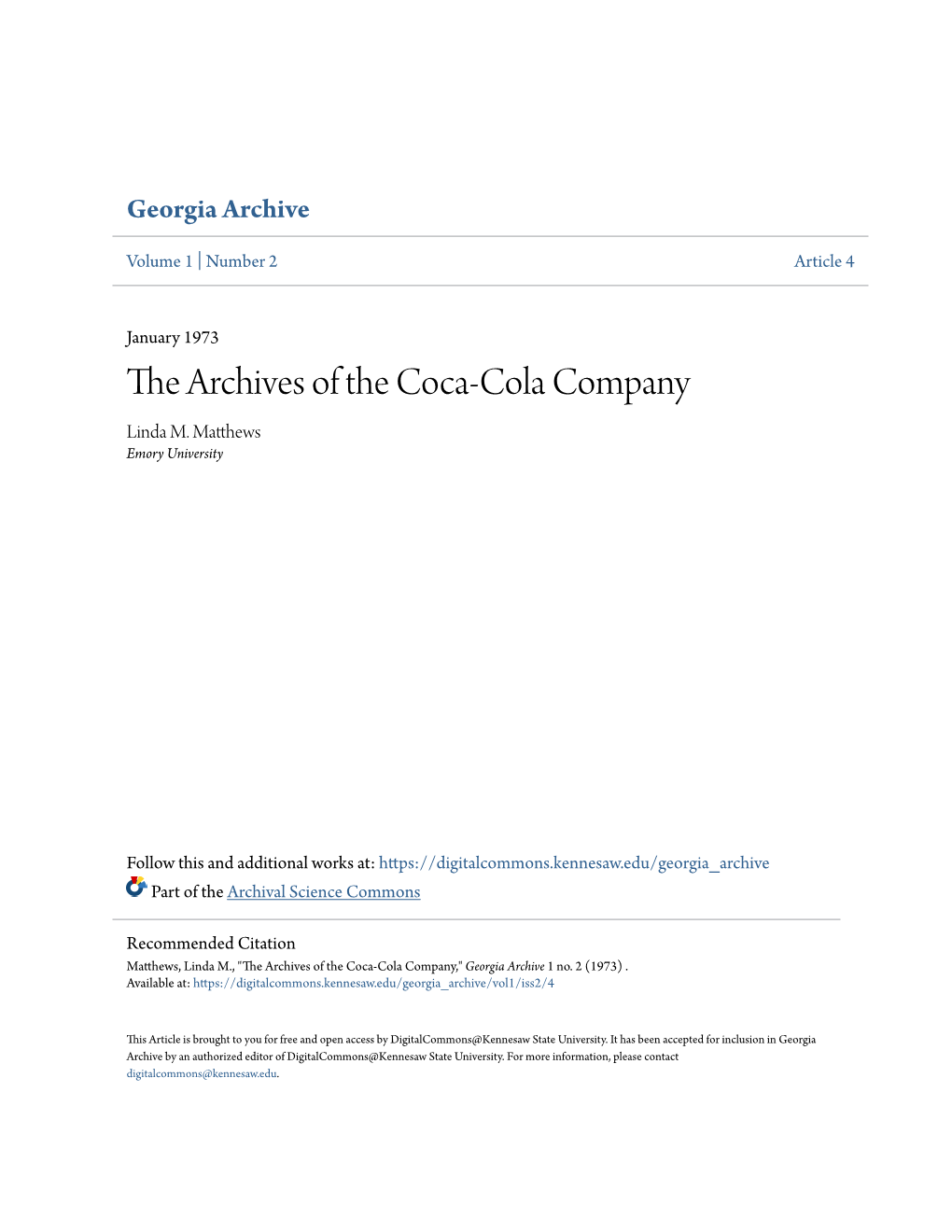 The Archives of the Coca-Cola Company Linda M