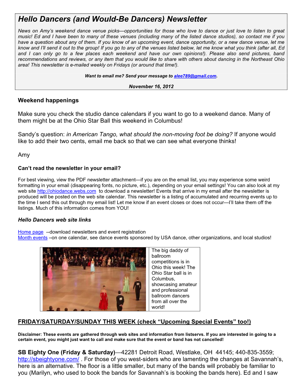 Hello Dancers (And Would-Be Dancers) Newsletter