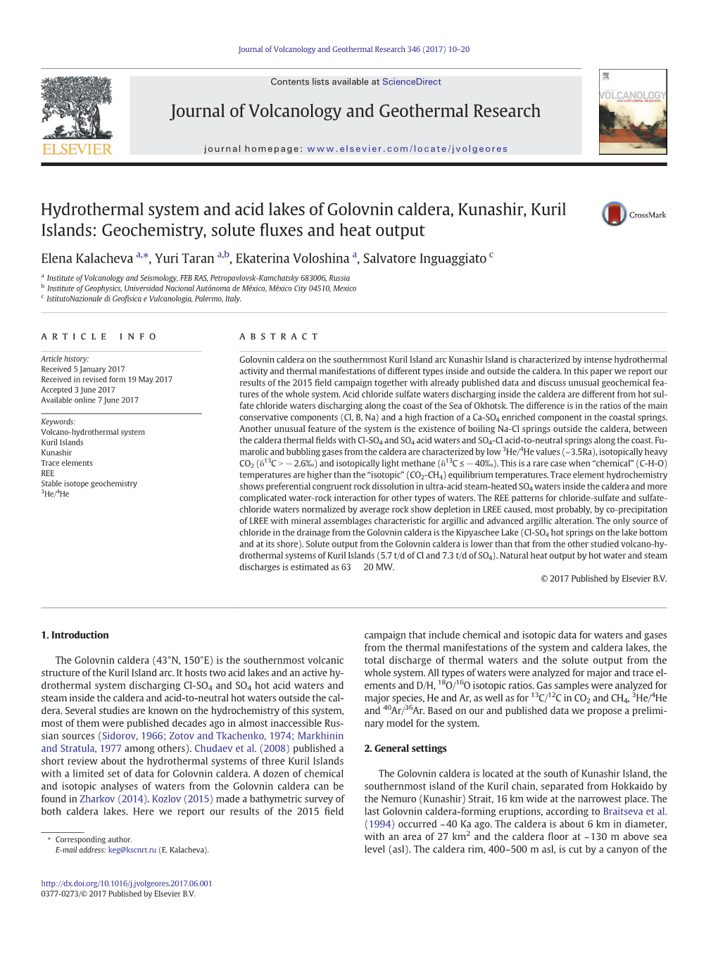 Hydrothermal System and Acid Lakes of Golovnin Caldera, Kunashir, Kuril Islands: Geochemistry, Solute Fluxes and Heat Output