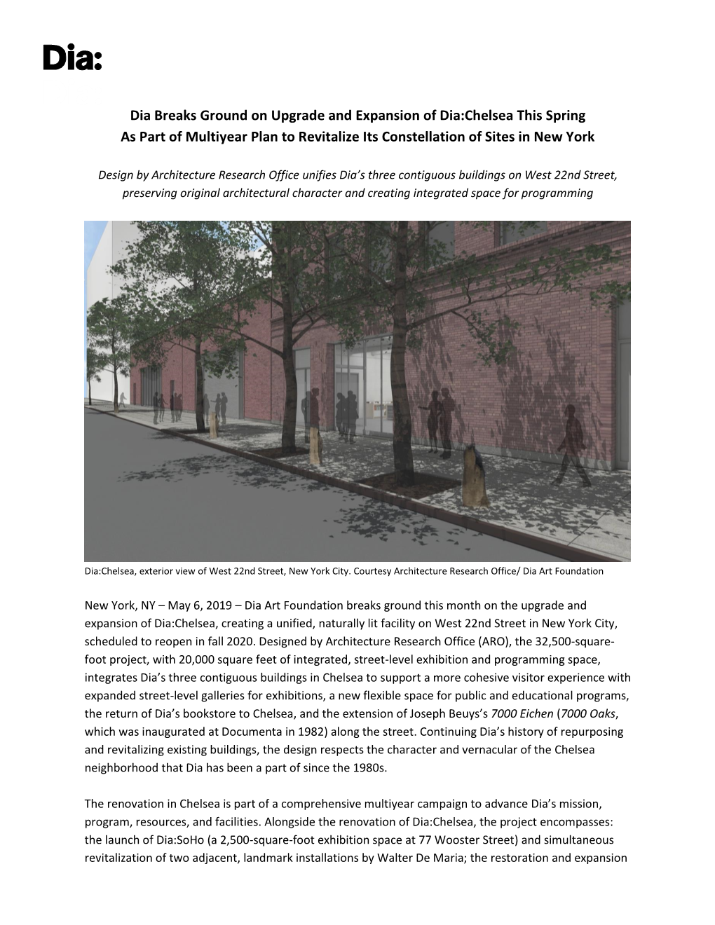 Dia Breaks Ground on Upgrade and Expansion of Dia:Chelsea This Spring As Part of Multiyear Plan to Revitalize Its Constellation of Sites in New York