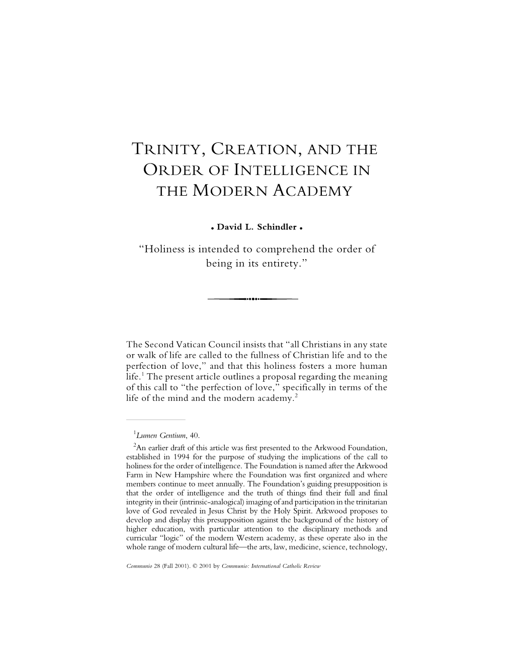 David L. Schindler. Trinity, Creation, and the Order Of