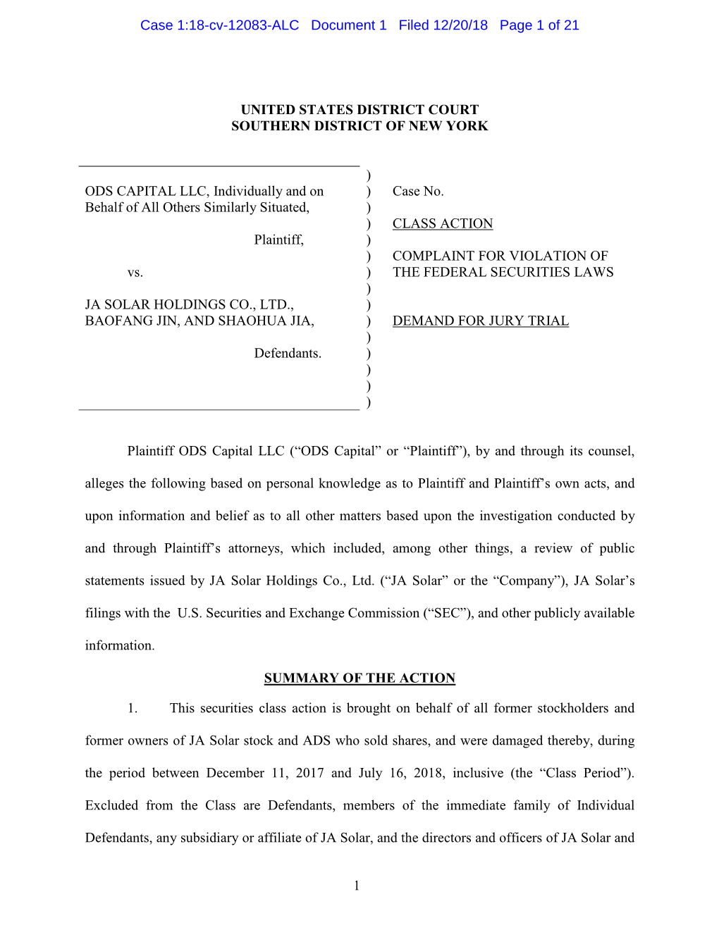 ODS Capital LLC, Et Al. V. JA Solar Holdings Co. Ltd, Et Al. 18-CV