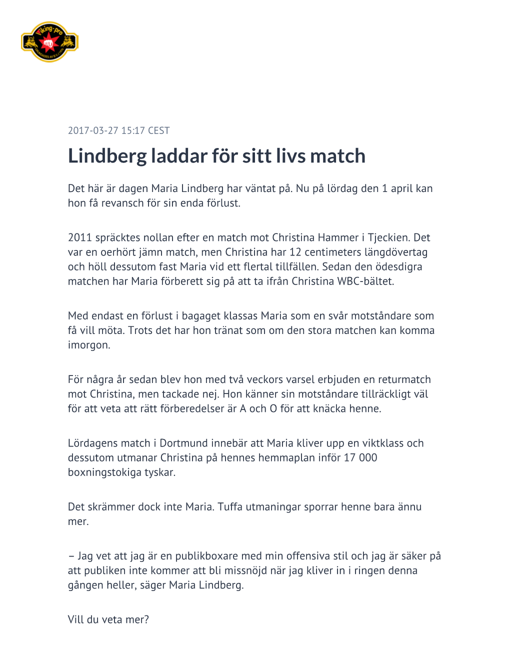 Lindberg Laddar För Sitt Livs Match