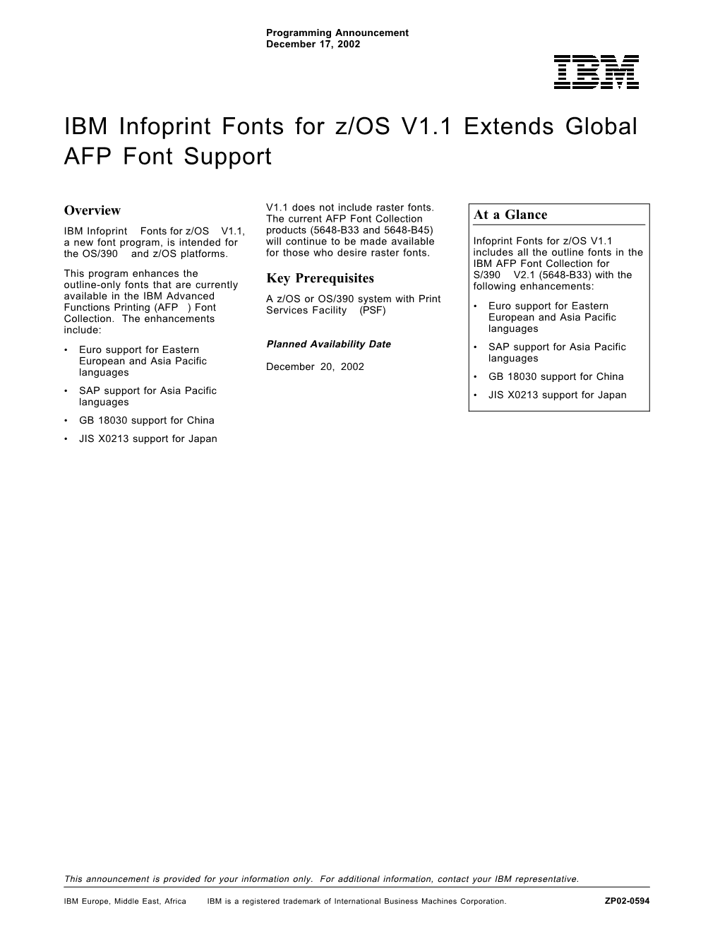 IBM Infoprint Fonts for Z/OS V1.1 Extends Global AFP Font Support