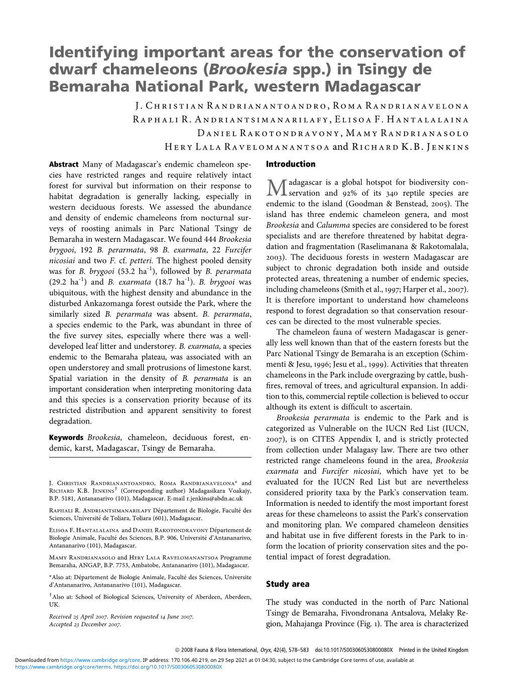 Identifying Important Areas for the Conservation of Dwarf Chameleons (Brookesia Spp.) in Tsingy De Bemaraha National Park, Western Madagascar J