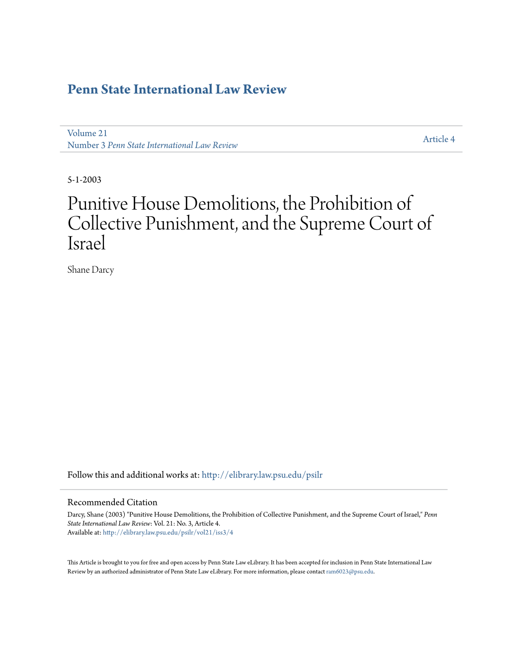 Punitive House Demolitions, the Prohibition of Collective Punishment, and the Supreme Court of Israel Shane Darcy