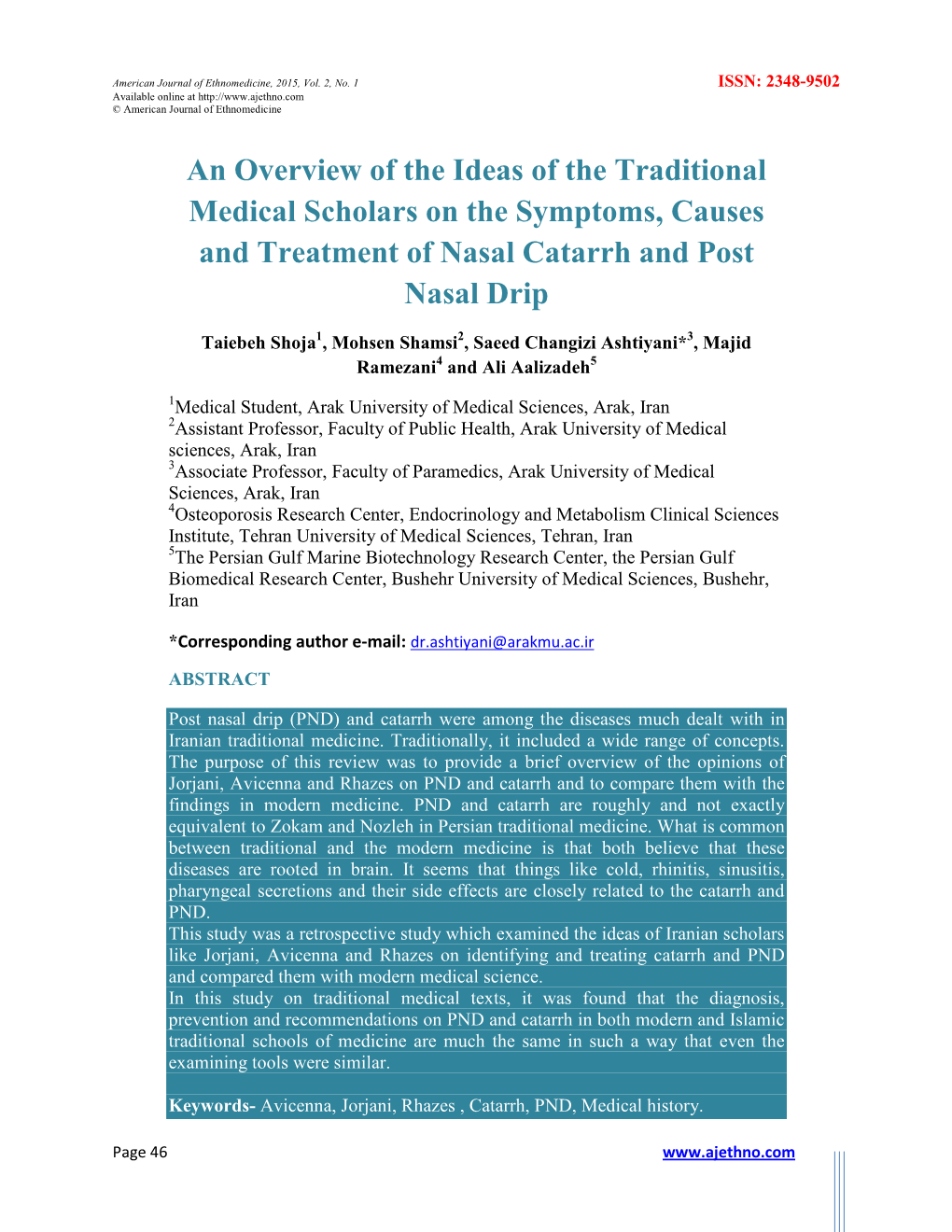 An Overview of the Ideas of the Traditional Medical Scholars on the Symptoms, Causes and Treatment of Nasal Catarrh and Post Nasal Drip