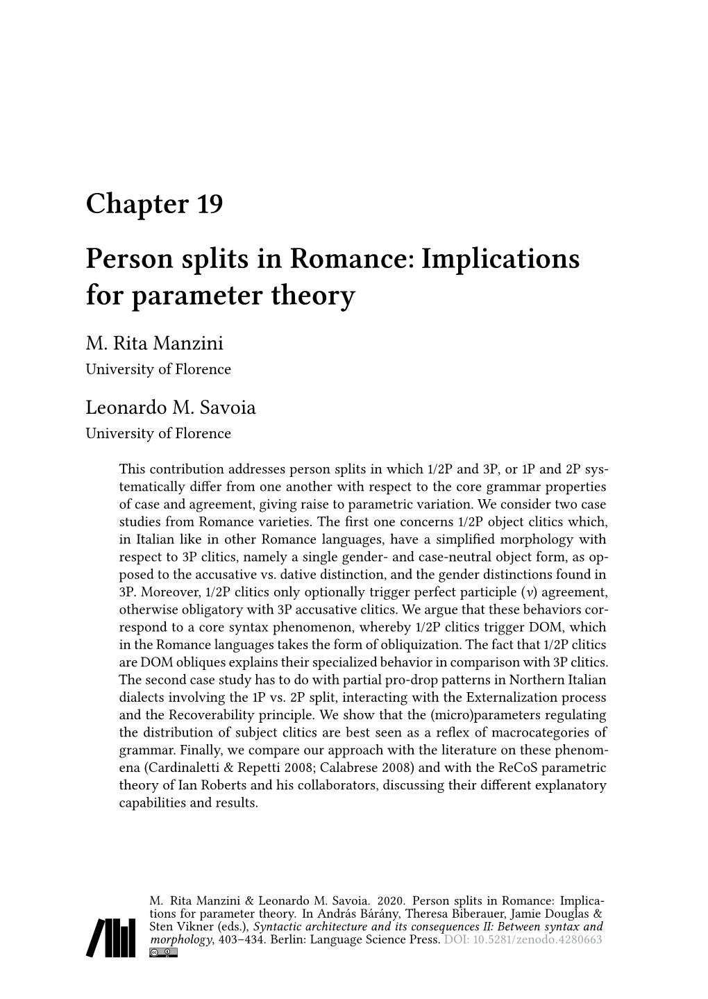 Chapter 19 Person Splits in Romance: Implications for Parameter Theory