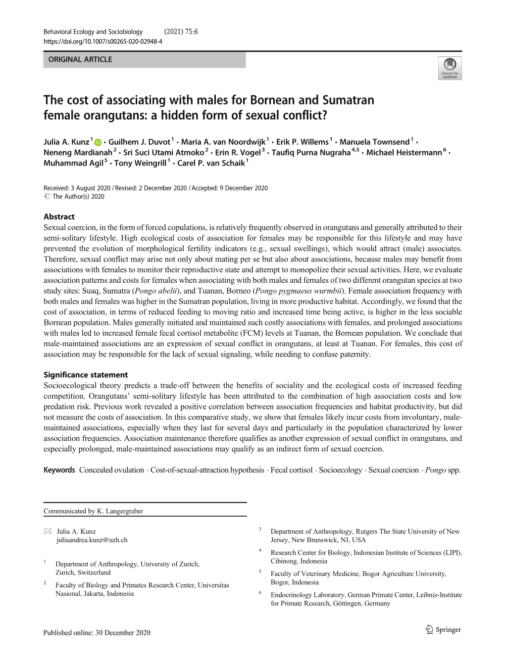 The Cost of Associating with Males for Bornean and Sumatran Female Orangutans: a Hidden Form of Sexual Conflict?