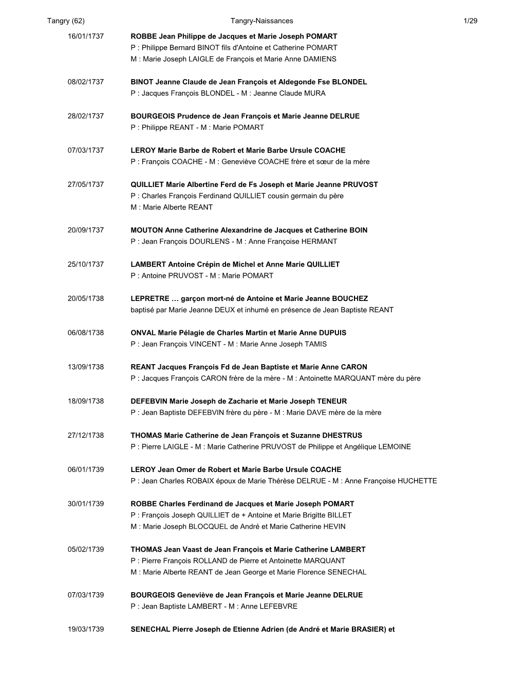 Tangry (62) Tangry-Naissances 1/29 16/01/1737 ROBBE Jean Philippe De Jacques Et Marie Joseph POMART P : Philippe Bernard BINOT F