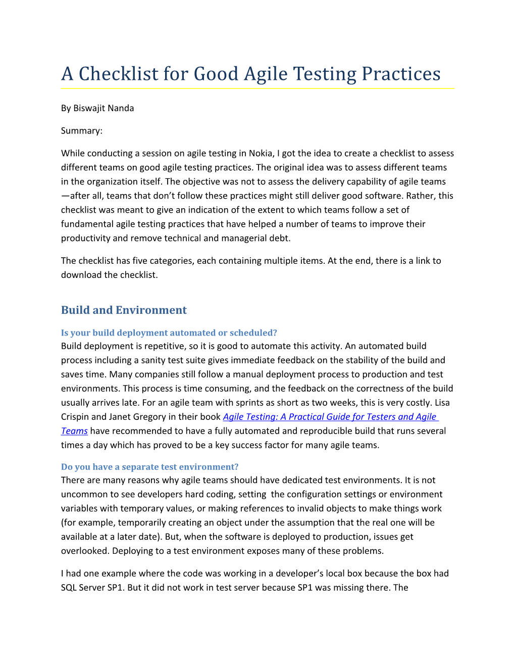 A Checklist for Good Agile Testing Practices