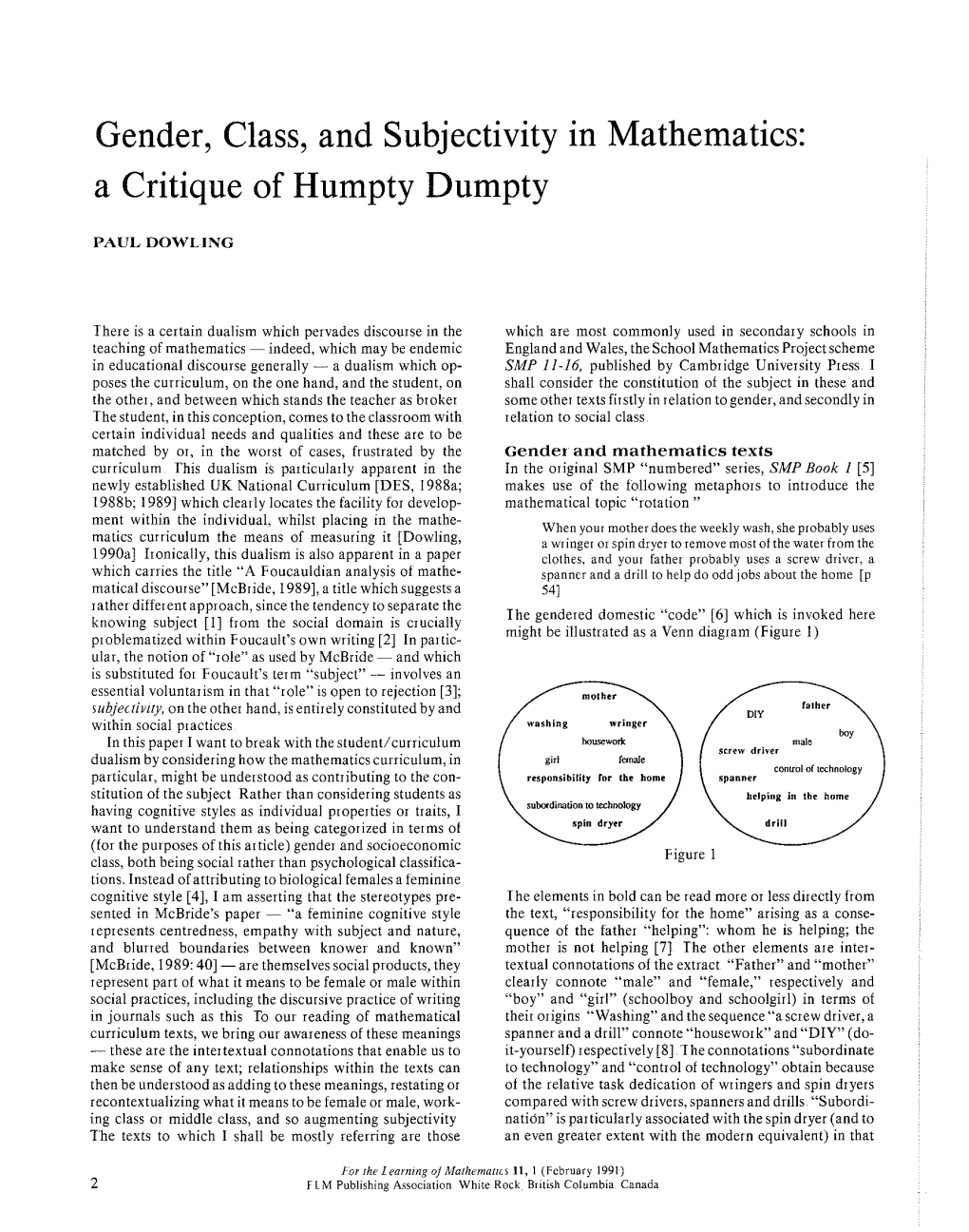 Gender, Class, and Subjectivity in Mathematics: a Critique of Humpty Dumpty