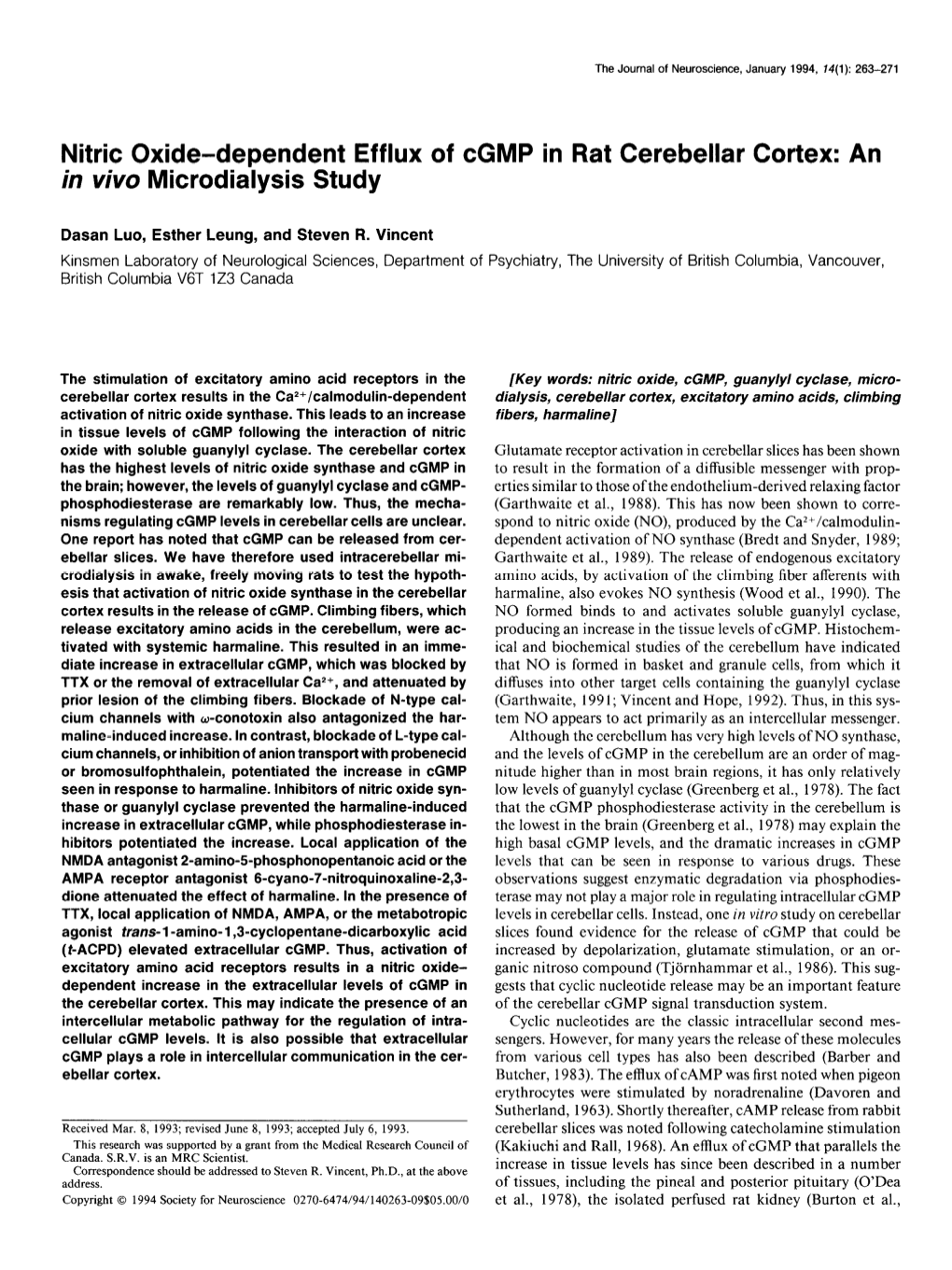 Nitric Oxide-Dependent Efflux of Cgmp in Rat Cerebellar Cortex: an in Viva Microdialysis Study